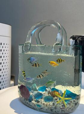 包包玻璃花瓶手提包轻奢高级感透明水培插花养鱼缸客厅摆件装饰品