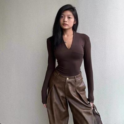 6656#1*1螺纹210G长袖t恤女装2025秋季新款纯色薄款修身V领打底衫