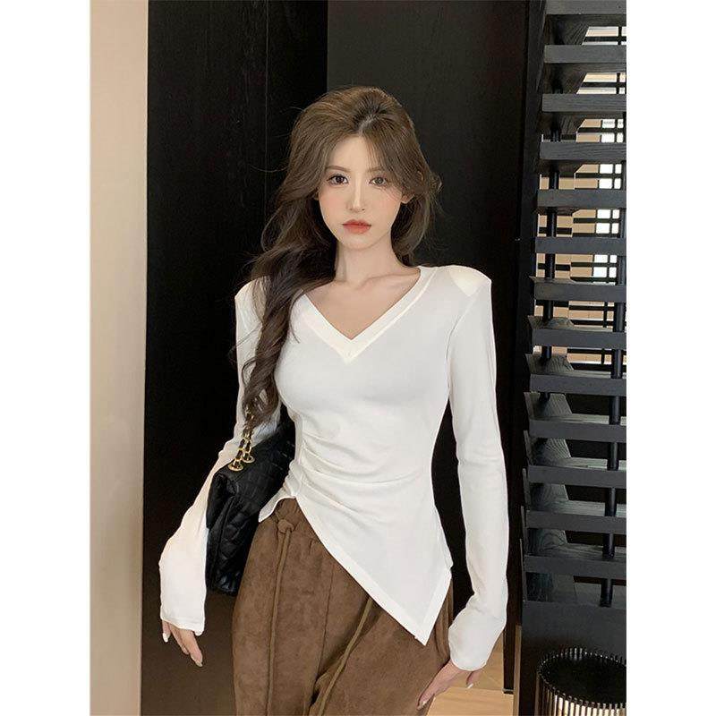 2025春秋季新款不规则抽褶设计感遮肉显瘦小众T恤女长袖上衣潮