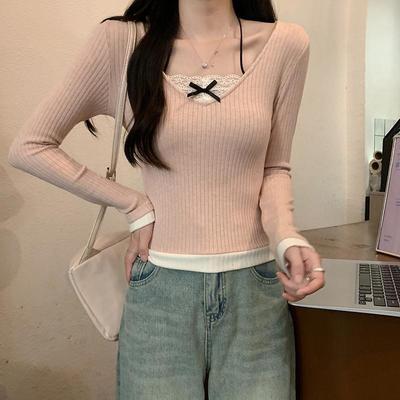 实拍长袖t恤女装春秋薄款挂脖2025潮流蕾丝修身打底衫V领韩版上衣