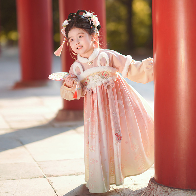 汉服女童冬季2024新款女孩中国风宝宝加绒连衣裙儿童古装仙气襦裙