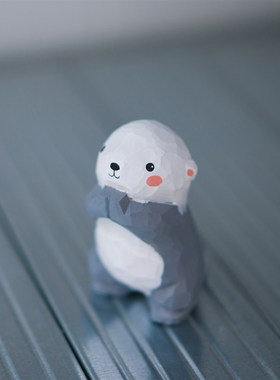 木刻自习室木雕海獭可爱桌面摆件雕刻工艺品书房T办公区小摆设送