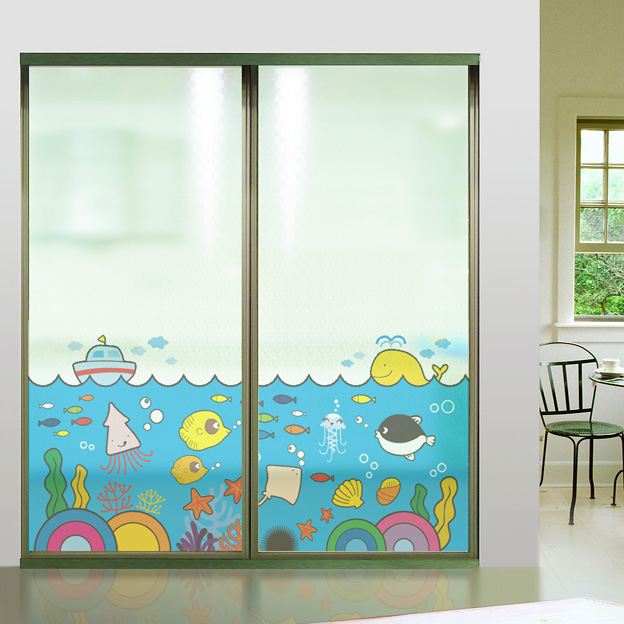 浴室卫生间海洋半透磨砂橱窗v移门彩绘玻璃贴膜卡通海底世界窗花