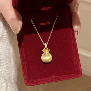 潮港福18K金拉丝点钻福袋项链 女纯银钱袋复古镶钻锁骨链黄金轻奢