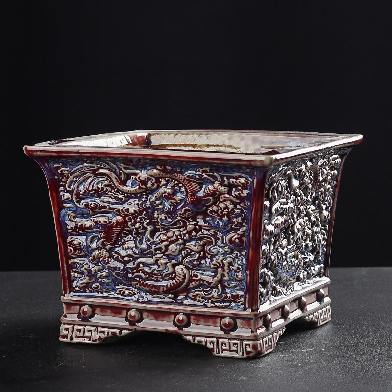 速发钧瓷青花釉里红四方浮雕龙游四海花盆陶瓷大造景盆景盆20*20*