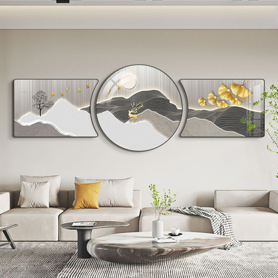速发背奢客厅装饰画简约沙发轻景新挂画墙中式福鹿墙画三联画壁画