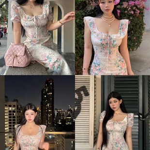 速发款法玄七2024春季新黑泽式方领收腰气质长短碎花连衣裙