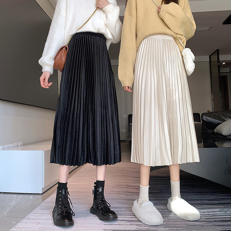 速发冬季款2021半身裙秋冬小个子半身长裙裙褶百中长款裙子