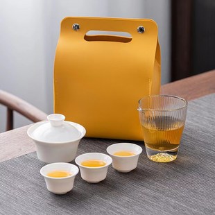 便携一壶三杯快客杯小套R组商务伴手礼品印 白瓷盖碗旅行茶具套装