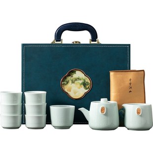 国潮风哥窑茶具套装 旅行茶具礼品 家用陶瓷泡茶壶中式 K茶杯便携式