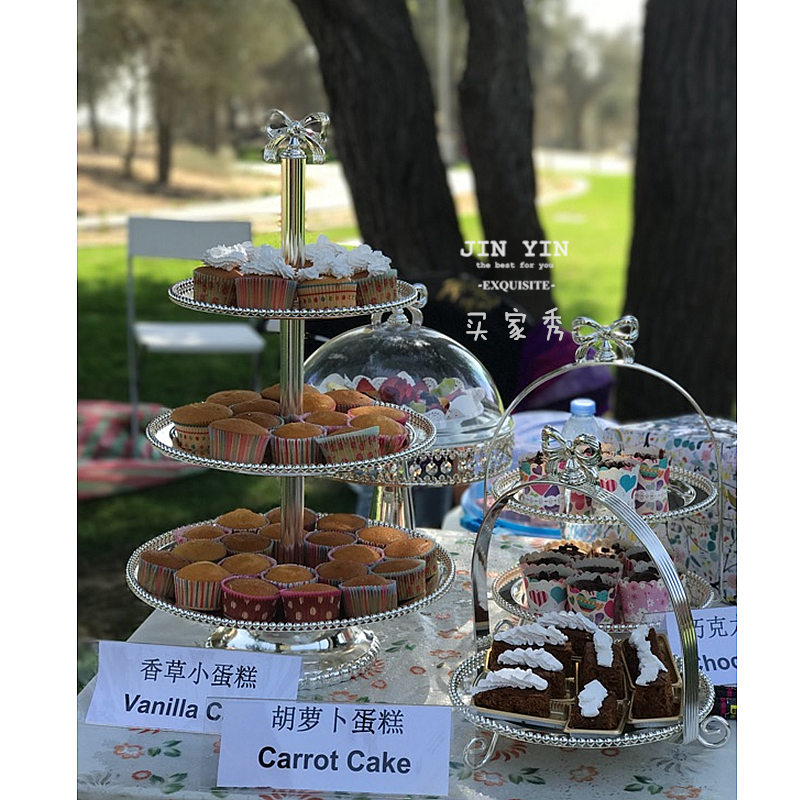 欧式甜品台e套装 金属点心盘下午茶点心架 带盖冷餐展示托盘 镀银