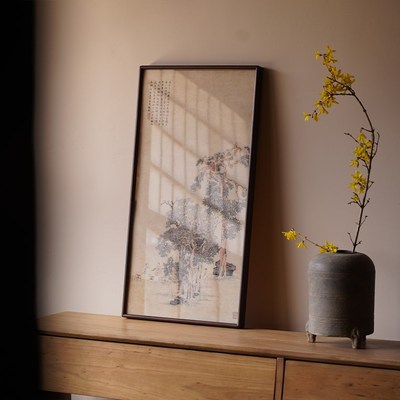 是名一鹿b  松竹高士茶挂画胡桃木榫卯茶室空间玄关装饰画竖幅