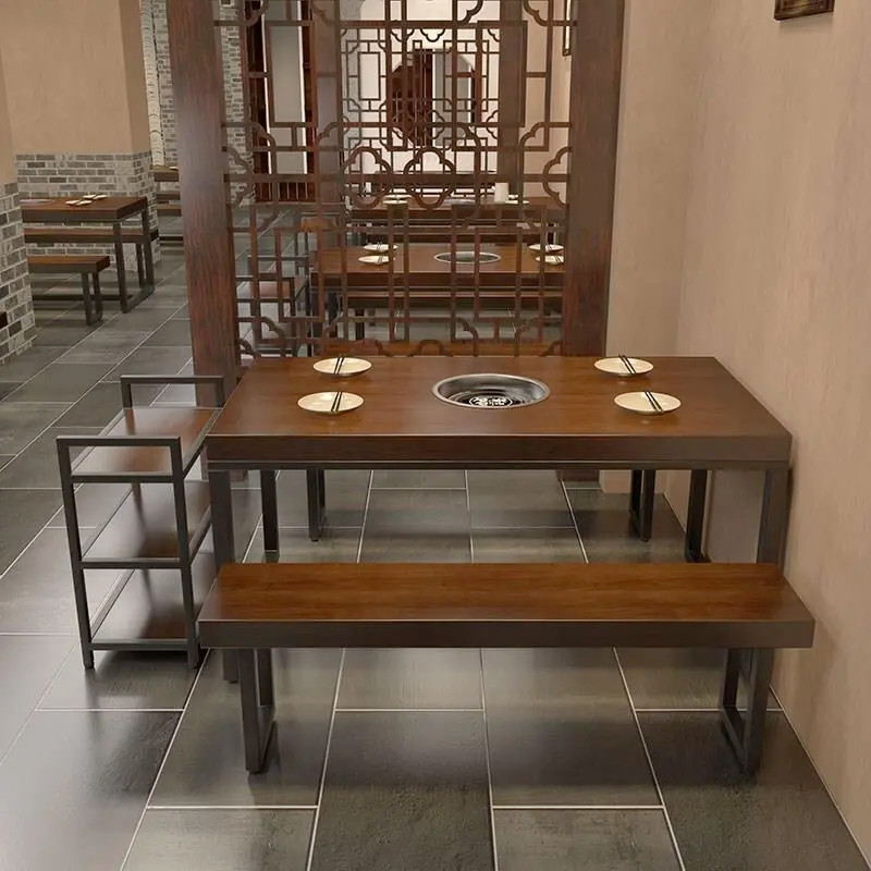 酒店商用长方形复古餐桌实u木铁艺餐桌椅组合饭店餐厅休闲火锅桌
