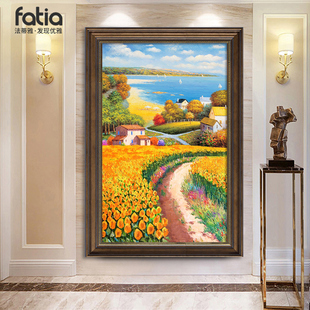田野艺术壁画花卉过道挂 田园风景油画竖版 玄关装 饰画郁金香k美式