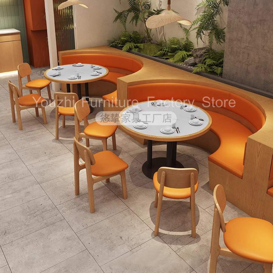 主题餐厅靠墙卡座沙发中式面馆茶餐厅饭店实木岩板桌椅组合商用