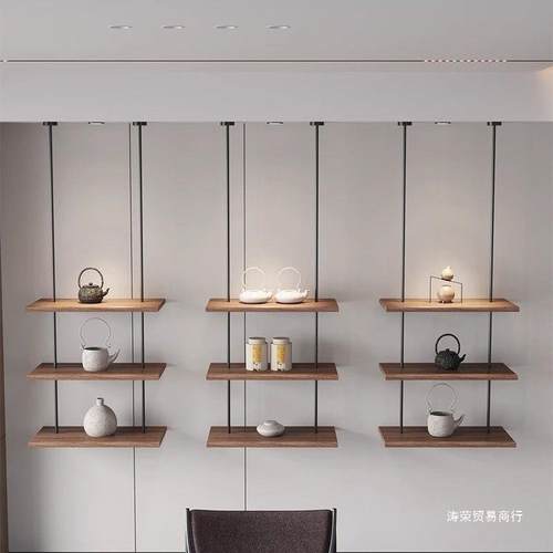 简约客厅悬挂置物架茶室背景吊架墙装饰架书房墙上搁板展示架书架