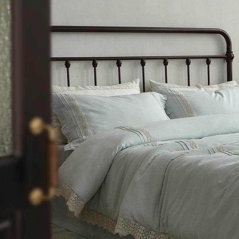 日式简约天丝棉麻蕾丝宽边四件套复古手工塔克抽条木耳边床上用品