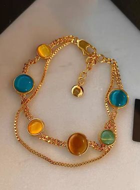 日本品质多巴胺彩色双层猫眼石手链秋日叠戴女轻奢小众精致高级感