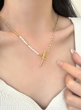 日本品质法式天然珍珠项链时尚打结扭花拼接气质轻奢项链精致珠子