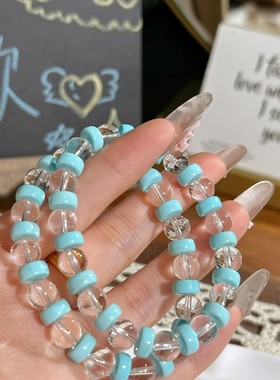 日本品质天然白水晶8mm撞色搭配绿松石小隔珠复古感超显白送闺蜜