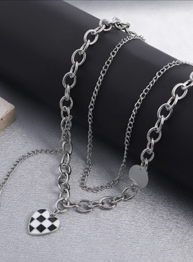ins冷淡风黑白方格吊坠项链甜酷潮流棋盘格双层锁骨链长款毛衣链