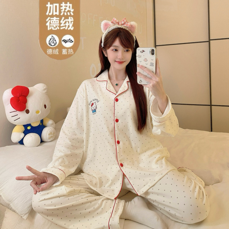 日本品质德绒睡衣女秋冬季新款日系可爱卡通长袖套装加厚保暖家居