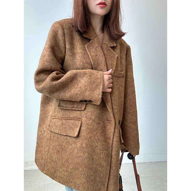 双面羊绒大衣女短款2024年新款韩版宽松西服款男友风长袖毛呢外套