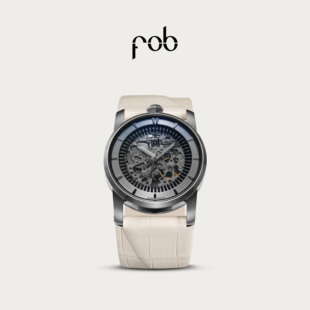 FOB手表法式进口新经典R413镂空表盘时尚白皮革表带机械腕表
