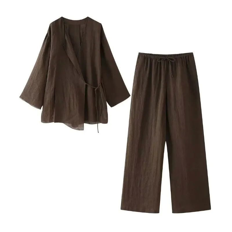 V-neck cross cardigan loose pants setV领交叉开衫宽松裤套装女