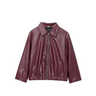 女士酒红宽松亮面皮衣