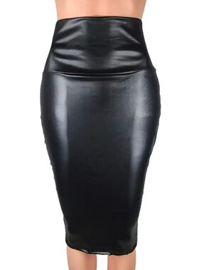 High waisted leather trimmed skirt女士高腰皮面修身中长半身裙