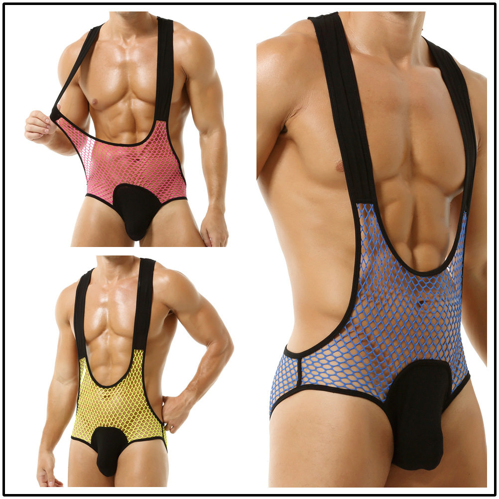 新款男士内衣大网眼性感三角裤潮流塑身连体衣露胸透视内裤