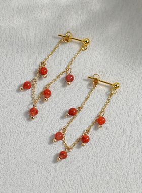 半入云小众设计感五颗红玛瑙u形耳钉气质复古流苏耳环甜美女51045