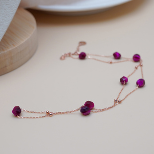 半入云法式 少女气质玫红虎眼石金珠项链925纯银满天星锁骨链50854