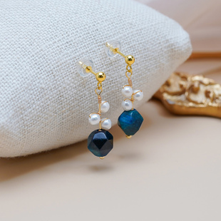 半入云法式 复古蓝虎眼石珍珠耳钉925纯银小众气质耳环高级感50859