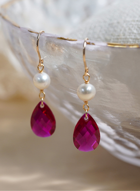 【合成/处理】半入云法式复古人造鸽血红宝石珍珠耳环优雅女50880