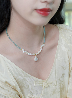 半入云法式优雅清冷感磷灰石串珍珠项链气质清新锁骨链轻奢50594