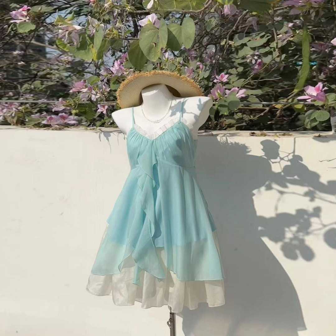 夏日度假风人鱼恋歌小清新雪纺吊带上衣半身裙两件套修身显瘦套装
