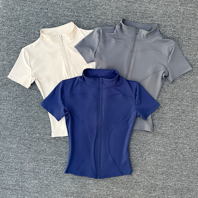 瑜伽服女紧身t恤运动短袖透气跑步训练普拉提立领拉链健身服