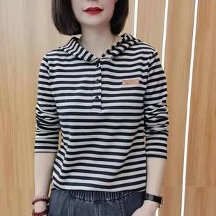 连帽上衣打底衫 条纹短袖 中年妈妈 t恤女卫衣2026春秋新款 纯棉长袖