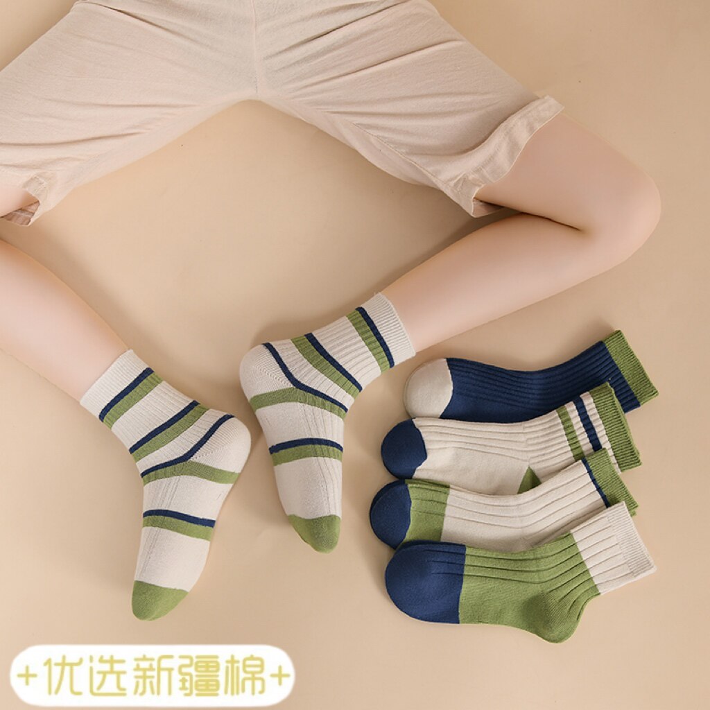 童袜秋冬款双针色系中筒棉袜 冬季舒适时尚防臭百搭高筒棉袜子JX