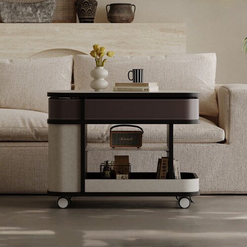 意式极简小推车沙发边几可移动升降镂空客厅家用设计师马鞍皮高端
