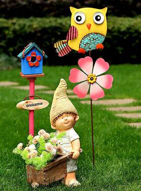 户外花园插花铁艺杂货院467墅阳台卡通花朵别风车装饰庭造景布置