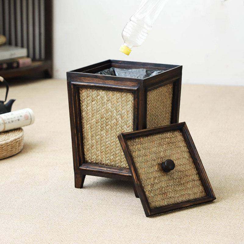 家用古厅创意带盖子客垃圾桶中古风书房垃圾新桶中式木84765质覆