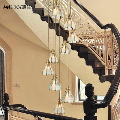 别墅空复古式中旋转楼梯间欧长吊挑灯轻奢8759全铜复式楼中楼高客