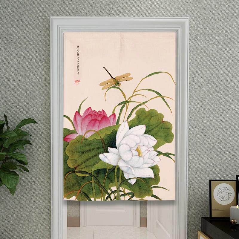 新中式门帘布帘艺隔帘断家用遮免打孔半帘JUD厕所卧室挂厨房挡帘
