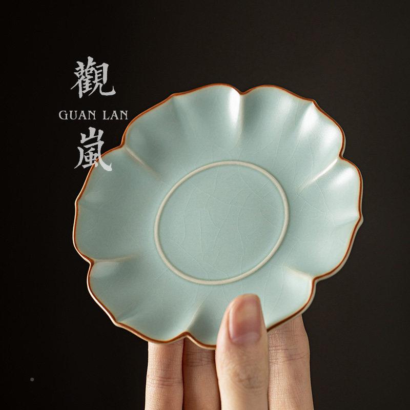 天汝窑青色杯垫功夫茶具隔热垫陶片ANO瓷茶托开汝瓷茶杯茶具配件