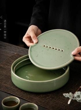陶瓷茶盘家储式一033竹青泡茶台用功夫茶具茶托盘壶二杯干泡盘圆