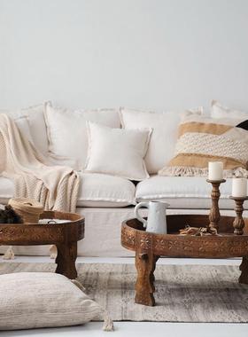 润家家做居纯手实木雕花茶圆几桌覆古旧摩洛哥200203JK木制雕工刻