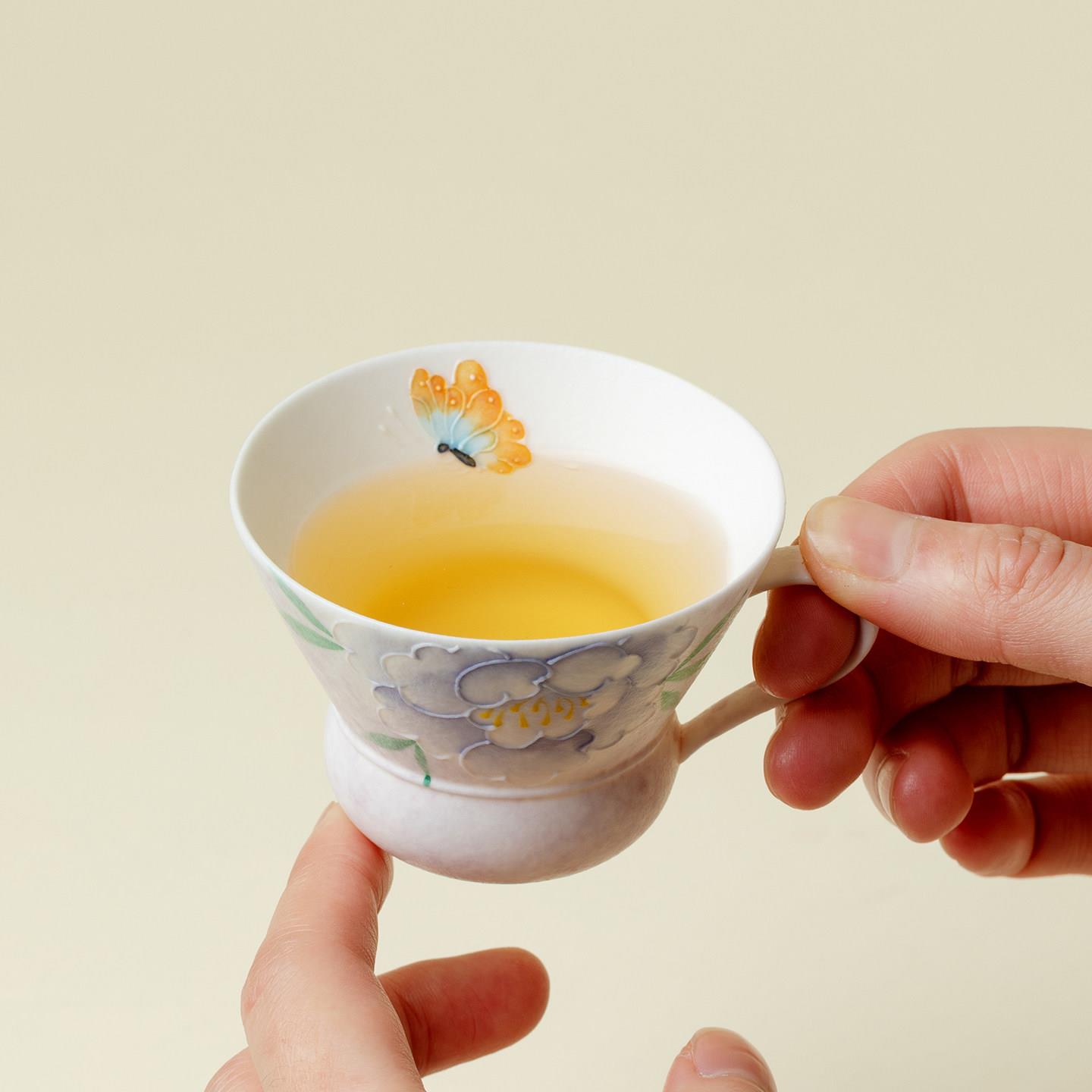 133纯手手手绘牡丹夫花把茶杯创意工粉彩富贵吉祥功茶具主人杯子